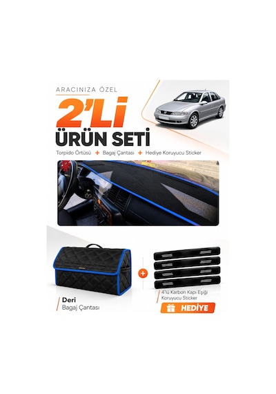 Opel Vectra B 1995-2001 Uyumlu Torpido Örtüsü + Deri Bagaj Çantası + Sticker Seti - Siyah Mavi