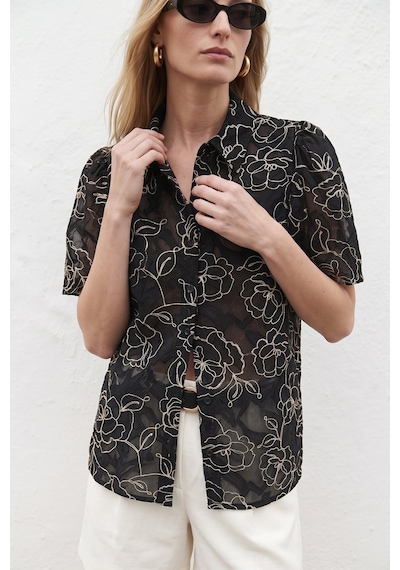 Sateen Nakışlı Kısa Kollu Gömlek - Siyah-137754