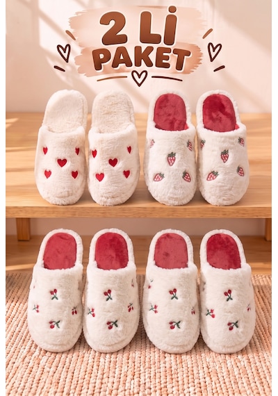 Stwenn 2'li Karma Erkek Kadın Avantajlı Paket Peluş Ev Terliği Kapalı Burun Arkası Açık Sıcak Rahat Panduf 2 Li Çilk-kirz-kalp