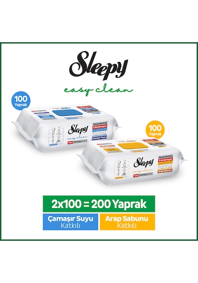 Sleepy Easy Clean Premium Arap Sabunu + Çamaşır Suyu Katkılı Yüzey Temizlik Havlusu Mendili 100+100(200 Yaprak) 
