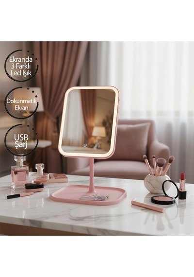 Dikdörtgen 7 Inc Ledli - Usb Şarjlı Makyaj Aynası 90 Açı Ayarlı Takılı Ayak Renkli Pls İ11-017 5580