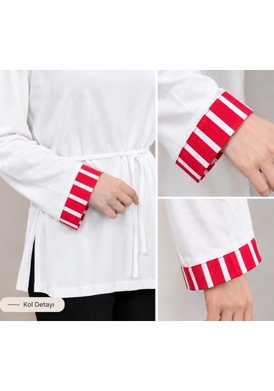 Tenfısı Beyaz Belden Bağlamalı Çizgi Detaylı Tunik