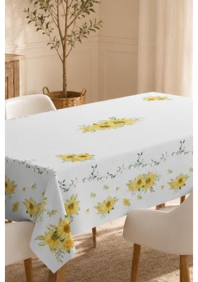 Vivanni Home Yıkanabilir Dikdörtgen Masa Örtüsü Günlük Kullanıma Uygun Pratik Ve Uzun Ömürlü Ayçiçeği Beyaz