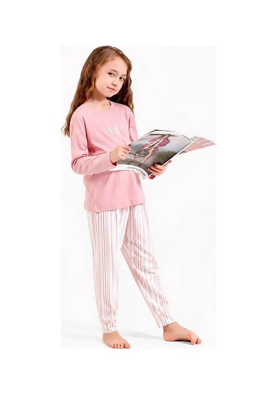 U.S. Polo Assn. Çizgili Uzun Kollu Kız Çocuk Pijama Takımı Gül Kurusu