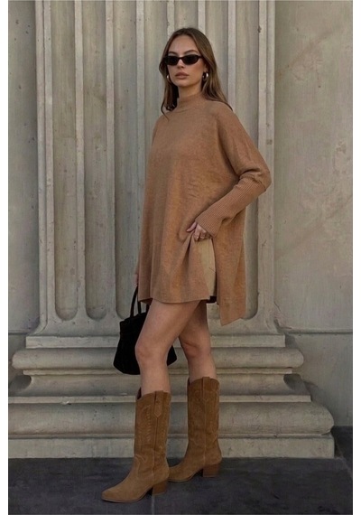 Onno Style Women Düz Triko Standart Panço Bej