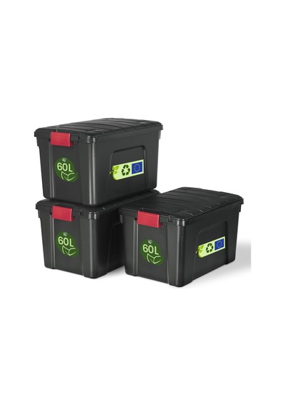 , Kapaklı Büyük Saklama Kutuları, Garaj Saklama Kutuları, Kapatma Klipsleri, 60l/3 Paket, Bpa İ Siyah