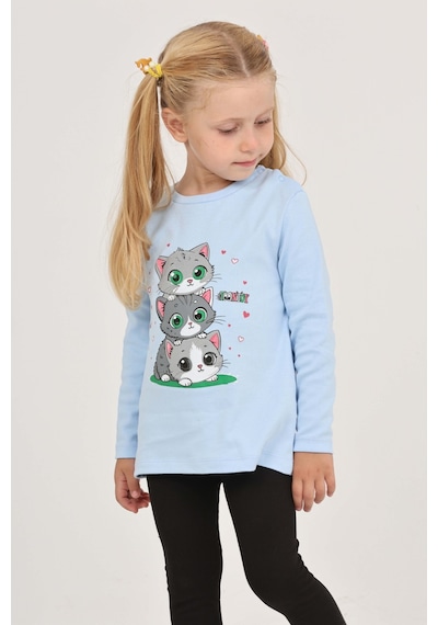 Toontoy Kız Çocuk Üçlü Kedi Baskılı Sweatshirt Koyu Mavi