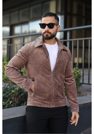 Vintage Kadife Deri Yaka Detaylı Ceket Kahverengi