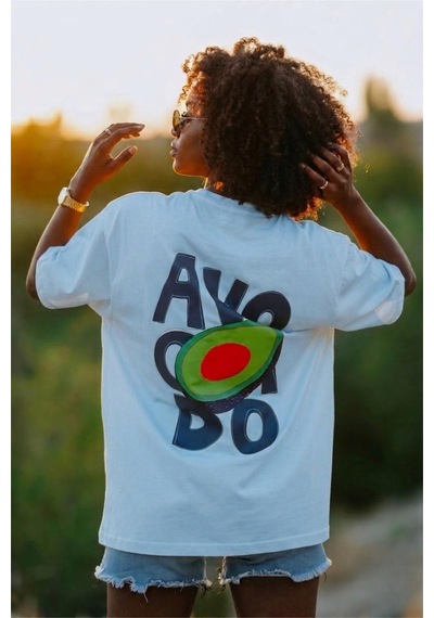 Avacado Sırt Baskılı Oversize Unisex Pamuklu Tişört Turkuaz