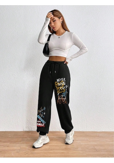 Cartoon & Graphic Drawstring Waist 4 Mevsim Eşofman Siyah