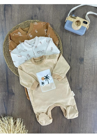 101 Dalmaçyalı Yenidoğan Organik Pamuk 3lü Erkek Bebek Tulum Set Vanilya