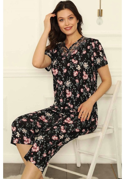 Alimer Kadın Siyah Dantelli V Yaka Bermuda Pijama Takım Edy2708s Siyah