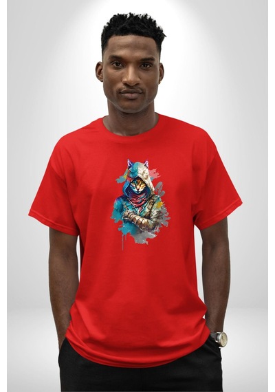 Kedi Assassin's Creed Pamuklu Bisiklet Yaka Unisex Oversize Boyfriend Dijital Baskılı Kırmızı T-shirt Kırmızı