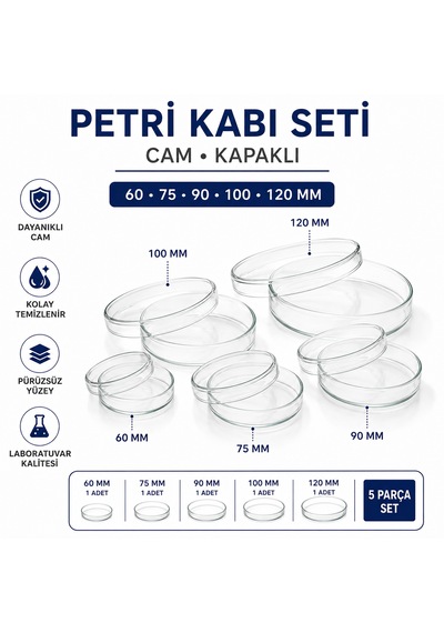 Petri Kabı Seti Cam 60-75-90-100-120 Mm Kapaklı