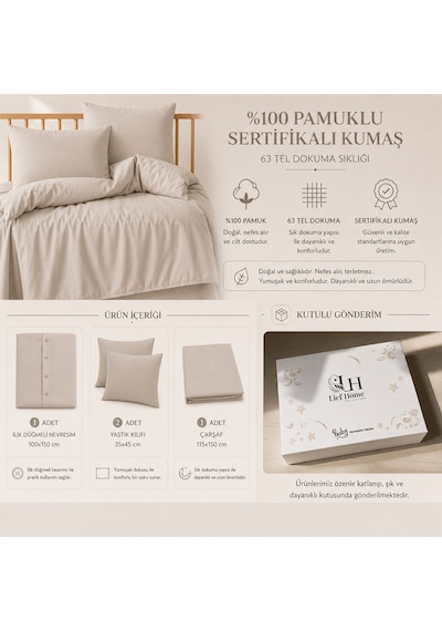 Lief Home %100 Pamuklu Sertifikalı Bebek Nevresim Takımı 100x150 63 Tel Dokuma Kutulu Gönderim Bej