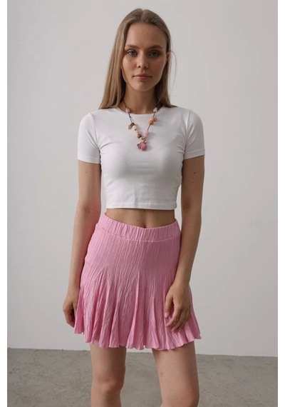 Defymoda Beli Lastikli Mini Etek - Pembe Pembe