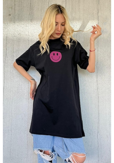 Madmext Siyah Baskılı Oversize Bisiklet Yaka Kadın Tişört-siyah Siyah
