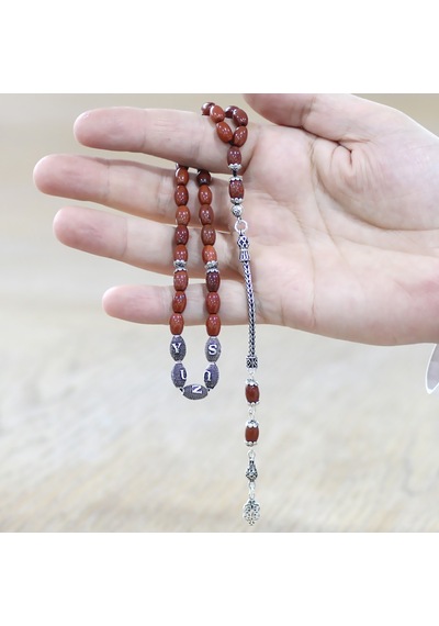 Tesbihname Doğaltaş Opal Tesbih - 925 Ayar Gümüş Püsküllü - Kişiye Özel İsim Yazılı - Kırmızı Renk - Arpa Kesim