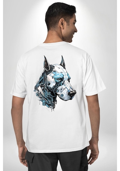 Robot Cyborg Köpek Doberman Beyaz Oversize Unisex Ön Ve Sırt Baskılı Tişört Beyaz