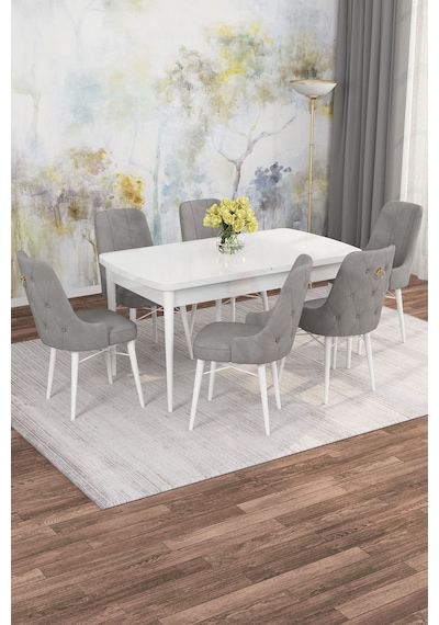 Mona Beyaz 80x132 Açılabilir Mdf Masa Yemek Odası Takımı, Mutfak Takımı 6 Adet Sandalye Beyaz Masa - 6 Gri - Beyaz Ayak Mona Beyaz 80x132 Açılabilir Mdf Masa Yemek Odası Takımı, Mutfak Takımı 6 Adet Sandalye Beyaz Masa - 6 Gri - Beyaz Ayak