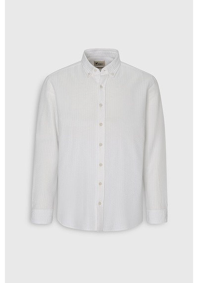 AC&Co / Altınyıldız Classics Erkek Beyaz Pamuklu Slim Fit Dar Kesim Düğmeli Yaka Gofre Desenli Gömlek Beyaz