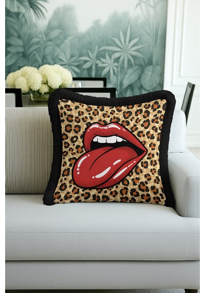 Pop Art Dudak Leopar Desenli Saçaklı Yastık Kılıfı-fenomen Kırmızı Eklektik Püsküllü Kırlent Kılıfı Soft Göl Taş
