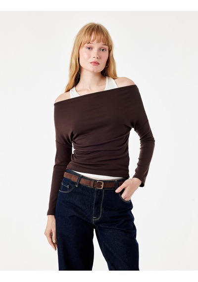 Koton Slim Fit Asimetrik Yaka Katmanlı Uzun Kollu Tişört Kahverengi 7wal10328ık Kahve