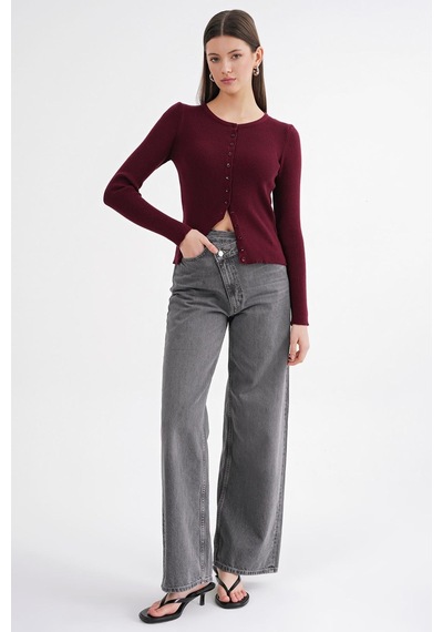Hiccup Mixray Düğmeli Slim Fit Yivli Örgü Hırka Bordo Kırmızı 03