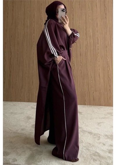 Neşeli Butik Kadın Bordo Şerit Detaylı Oversize Tunik Pantolon İkili Tesettür Takım Nms102