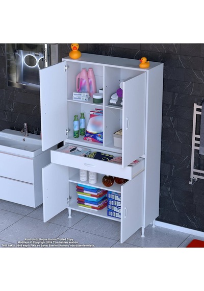 Modilayn Yeni Afra 95x173x32,5 Cm 1 Çekmece 4 Kapak 3 Raf 6 Bölme Çok Amaçlı Banyo & Mutfak Dolabı Beyaz