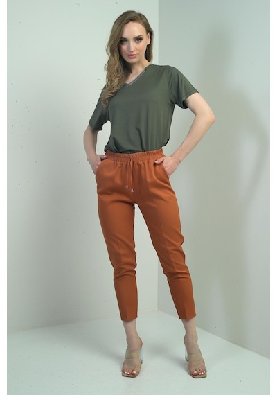 By Saygı Kadın Beli Lastikli Yandan Cepli Havuç Paça Pantolon-40605 Taba