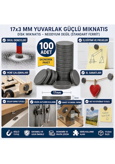 100 Adet Mıknatıs 17x3 Mm Yuvarlak Güçlü Mıknatıs Disk Mıknatıs