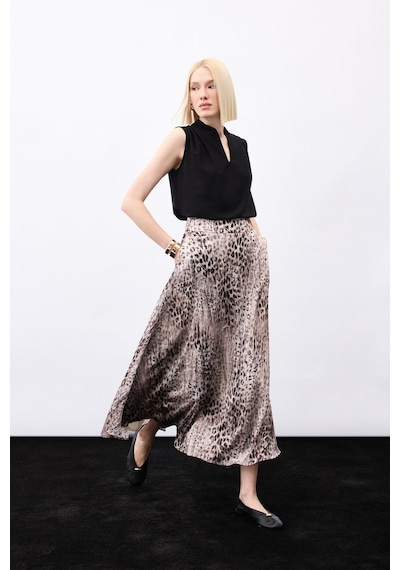 Sateen Leopar Desenli Uzun Etek - Kahve-136780 Kahve