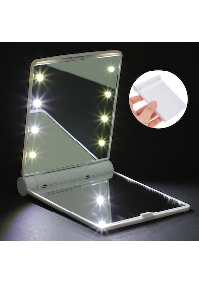 Techtic Katlanır Mini Işıklı Makyaj Aynası Cep Çanta Aynası 8 Led Pilli 23a 12v Pil Dahildir Beyaz
