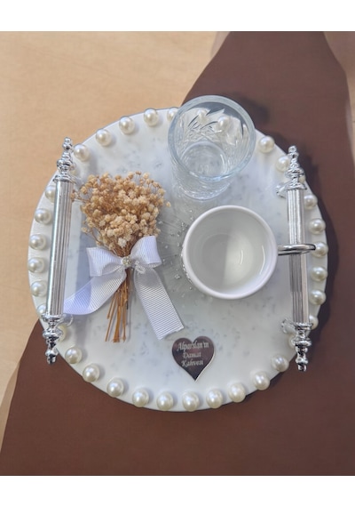 Ethereal Gümüş İncili Söz Nişan Tepsisi Beyaz