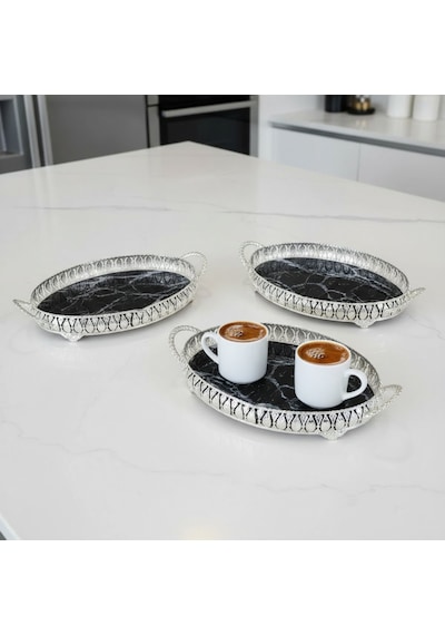 3 Adet Gümüş Renk Mermer Desen Metal Çerçeveli Cam Tepsi - 28x19 Cm Gümüş
