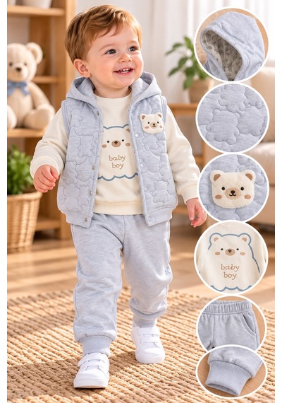 Baby Hi Ayıcıklı Şişme Yelekli Erkek Üçlü Takım 9-18 Aylık -dü649327 - Mavi