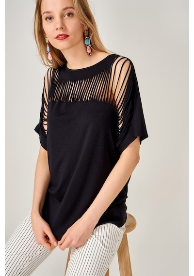 Aqe Fashion Kadın Lazer Kesim Siyah Bluz-Siyah