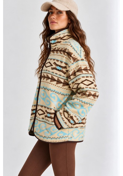 Mevese Desenli Dik Yaka Cepli Biyeli Kadın Polar Sweatshirt - Krem-kahverengi