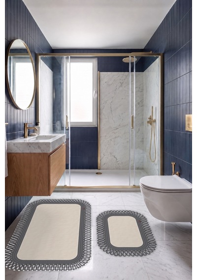 Banyo Paspası Takımı 70x110+50x70 Cm Dış Trikot Ekru & Antrasit