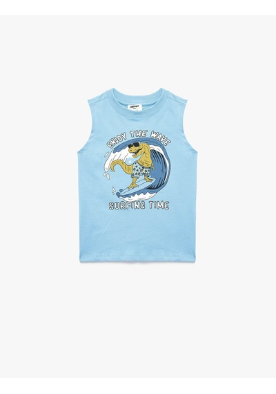 Koton Pamuklu Bsiklet Yaka Baskılı Mavi Erkek Çocuk Kolsuz T-shirt 6skb30020tk