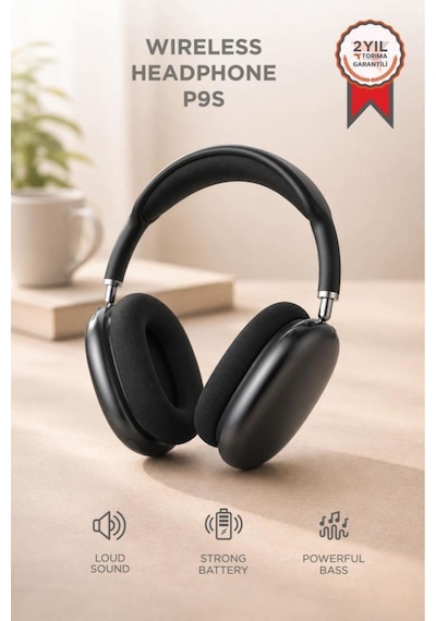 P9s Siyah Bluetooth Kulaklık Sd Kart Aux Destekli Kulak Üstü Kablosuz Kulaklık