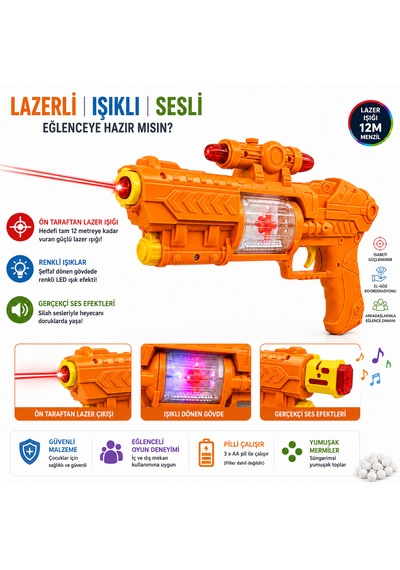 Lazerli Işıklı Sesli Döner Gövdeli Oyuncak Uzay Silahı Turuncu