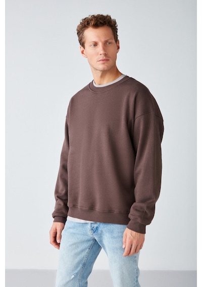 Grimelange Stephan  Erkek Yumuşacık Kumaşlı Organik Pamuklu Oversize Fit Yuvarlak Yakalı Kahverengi Sweatshirt