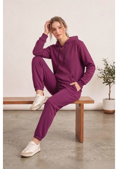 Moibody Kadın 3 İplik Şardonlu Eşofman Takımı Premium Kapüşonlu Sweatshirt Ve Jogger Alt Mürdüm Mürdüm