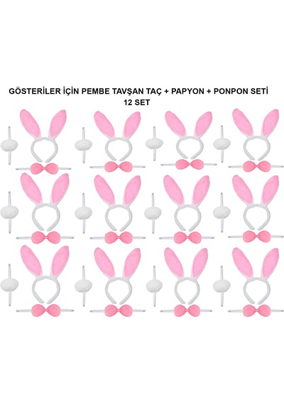 Pembe Tavşan Kostüm Seti Taç, Papyon, Ponpon 12 Li Paket Çok Renkli