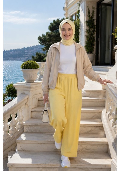 Hb Harma Time Butik Kadın Beli Lastikli Çilek Kumaş Sarı Salaş Pantolon Sarı Sarı
