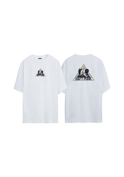 Thewert Unisex Daft Punk Logosu Ön Arka Baskılı Beyaz Oversize T-shirt