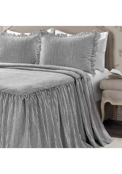 Lexroo Yatak Örtüsü, Çizgili Desen, Eskitilmiş Şık Tarzı, Hafif, 3 Parçalı Set, Siyah