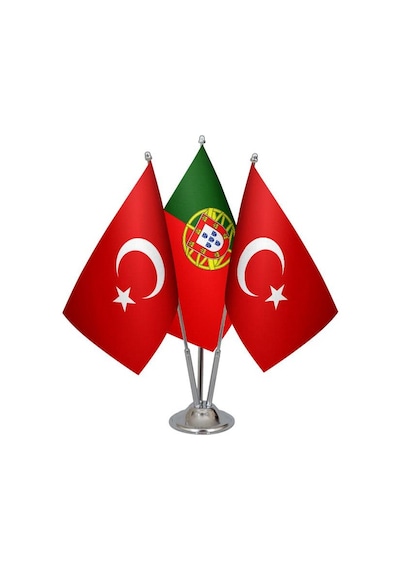 Masa Üstü Portekiz Bayrağı Türk Bayrağı Üçlü Krom Direk Masa Bayr